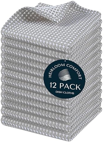 HEIRLOOM COMFORT 12 Pack Dual Reversible Waffle Weave Dish Cloth, 30x30 cm, 100% Cotton, Absorbent Dishcloth Set, Quick Dry, Soft for Cleaning, Wiping, Hand Towels, Dish Rags, Durable, Ash Grey