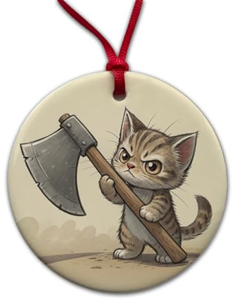 Small Cat Kitten Wielding a Large Axe Funny Fantasy Round Ceramic Holiday Christmas Tree Ornament