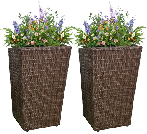 SJGUOJI 2 Pack Tall Cubic Rattan Wicker Planters with Removable Liner Large Indoor Outdoor Planter Flower Plant Pots Garden Patio Front Porch 60cm (H) x 35cm (W) x 35cm (D) (Brown)