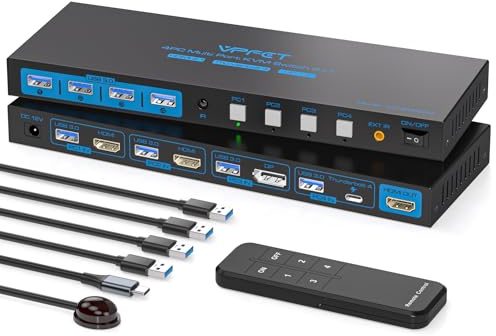 AILVLVNG Commutateur KVM 4K144Hz 4 ordinateurs 1 moniteur USB 3.0 DisplayPort et 2 commutateurs KVM HDMI et USBC 4 ports pour 4 ordinateurs partagent 1 moniteur et clavier, souris, etc avec contrôleur