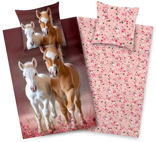 Aminata kids Bettwäsche Mädchen 135x200 Pferd - 100% Baumwolle - Kinder-Bettwäsche mit Pferde-Motiv - rosa - Reißverschluss - Wende-bettwäsche-Set Fohlen