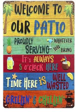 Welcome to Our Patio Sign 30x20cm Metal Bar Signs Colorful Vintage Tin Sign with Summer Icons Poster for Patio Garden Porch Backyard Decoration