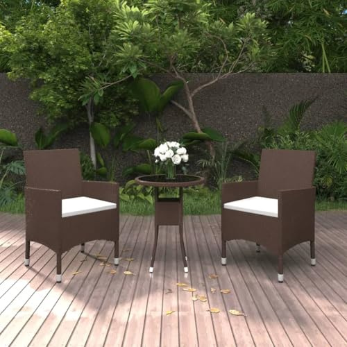 WSJHUHK Juego de bistró de jardín de 3 piezas de ratán y vidrio templado, color marrón