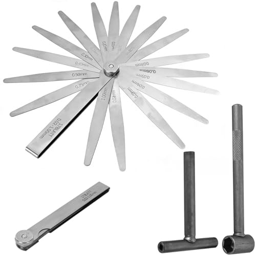 Alyxen Spessimetro, Lamine Spessimetro in Acciaio Inox, Spessimetros a 17 Lame in Acciaio Inox (0.02–1.00 mm) e Chiave per Vite di Regolazione Valvola, Strumento di Misura per Regolazione Valvole