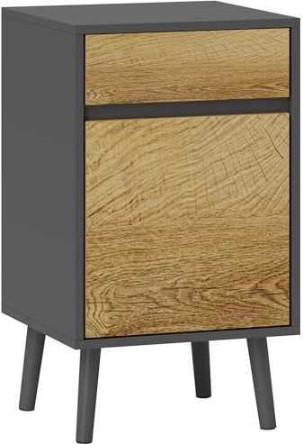 HOMCOM Comodino Camera da Letto moderno con Cassetto e Armadietto, Tavolino Multiuso da Salotto con Ripiano regolabile senza Maniglie, Grigio Scuro e Color Legno