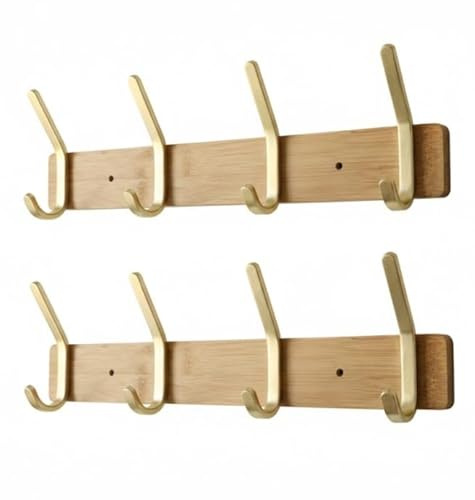 Pack of 2 Wooden Hook Rack with 4 Gold / Brass Finish Steel Hooks – Modern Wall-Mounted Coat & Towel Rack, Strong Metal Decorative Hanger for Bathroom, Kitchen, Bedroom & Entryway – Natural Wood