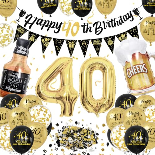 40 Geburtstag Frauen Männer, Deko 40 Geburtstag | Happy Birthday Geburtstagdeko mit Banner, Konfetti Ballons, Nummer 40 Folienballons, Schwarz Gold Luftballons