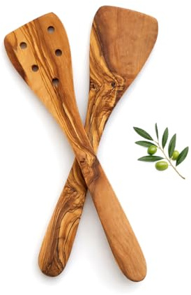 Juego de 2 espátulas de madera de olivo natural, utensilios de cocina, 30 cm