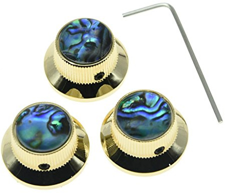 KAISH Set mit 3 Schraubknöpfen mit Abalone-Oberteil, goldfarben, für Gitarre, Bass, Stratocaster, Metallknöpfe für 6 mm Schaft-Potentiometer