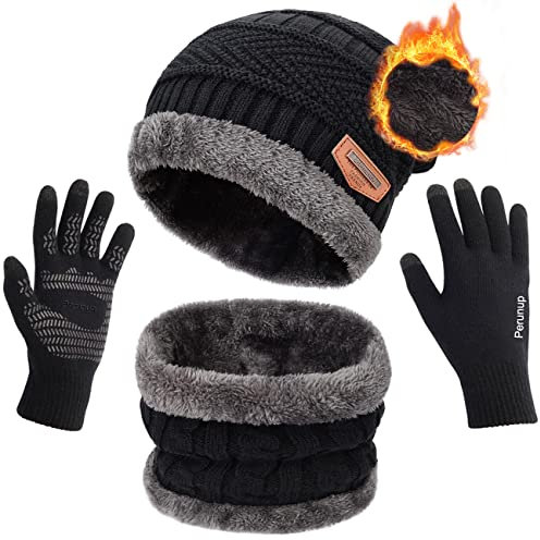 Petrunup Berretto Invernale con Pompon Set Sciarpa Guanti Uomo Donna Touchscreen Colletto Caldo Nero