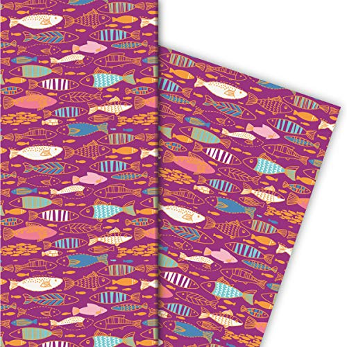 Kartenkaufrausch Brombeer farbenes Geschenkpapier Set mit bunten Doodle Fischen als maritime Geschenk Verpackung um schön zu schenken, 32 x 48cm für Angler, Taucher