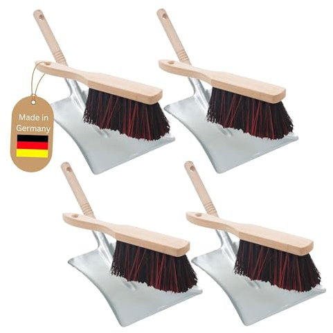 Novaliv 4X Kehrblech Set Kehrblechgarnitur Handfeger Arenga & ELASTONBORSTEN Kehrblech Metall Silber verzinkt Kehrblechbesen Handkehrset Kehrblechset Kehrschaufel Besen Feger und Kehrblech