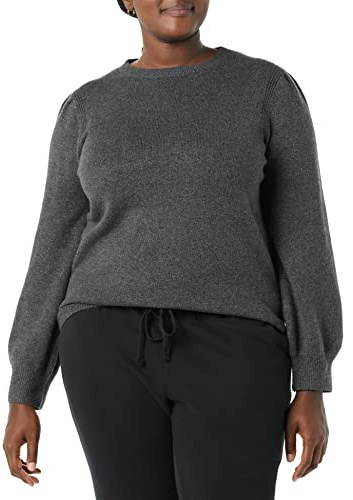 Amazon Essentials Women's Soft Touch Pleated Shoulder Crewneck Jumper, Charcoal Heather, XL