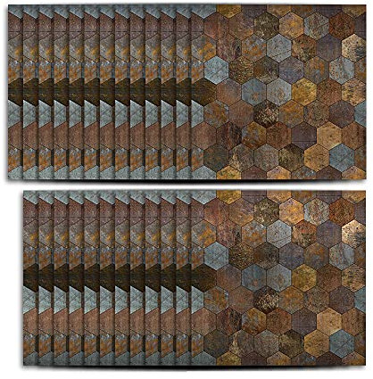 Hiseng 25 Stück Küchenrückwand Fliesenaufkleber, Retro Metall Mosaik Stil Wasserdicht Ölfest Stickerfliesen Marmor Deko Selbstklebende für Badezimmer Wohnzimmer Dekoration (20x20cm,braun)