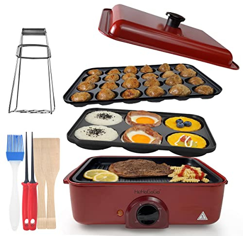 HeHoGoGo 3 in 1 Multifunctional Electric Griddle Electric Skillet Nonstick Baking Maker with 3 Interchangeable Pan Takoyaki Maker Cake Pop Maker Pancake Maker Red