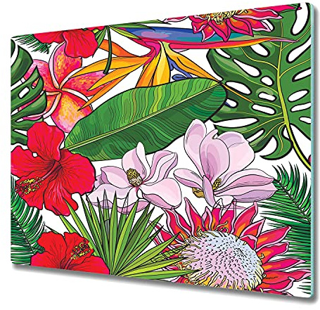 Coloray Glass Chopping Board 31.5 x 20.5 inch / 80x52cm Cutting Board Worktop Splashback for Kitchen Protection Tempered Safety Glass - Exotic Monstera with Flowers Tropical Floral Leaves