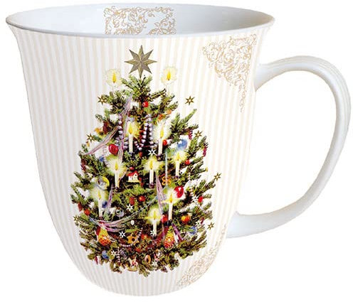 Ambiente Porzellan Tasse ca. 400ml Becher Bone China Mug Für Tee Oder Kaffee Herbst Winter Weihnachten X-Mas Tree Cream