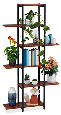 Relaxdays Scaffale Portavasi, 6 Ripiani, Mobile Portafiori Metallo, 150 x 78 x 24 cm, Tavolino Vasi, Nero Marrone Scuro, Fibra di Legno, 1 pz