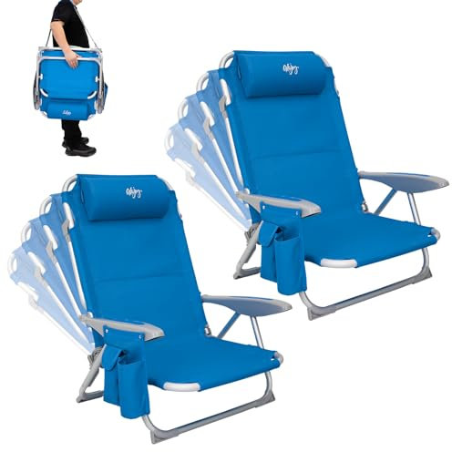 #WEJOY Strandstuhl 2 Set klappbar Hochlehner Klappstuhl 4 Position Leicht tragbar Stark stabil Campingstuhl Lay Flat Chair Max Hold bis 120kg / 265 lbs Blue