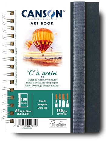 CANSON Professionelles Kunstbuch, feine Körnung, Zeichenpapier, 180 g/m², A5 Spiral-Porträt-Notizbuch, 50 weiße Blätter, ideal für professionelle Künstler und Studenten