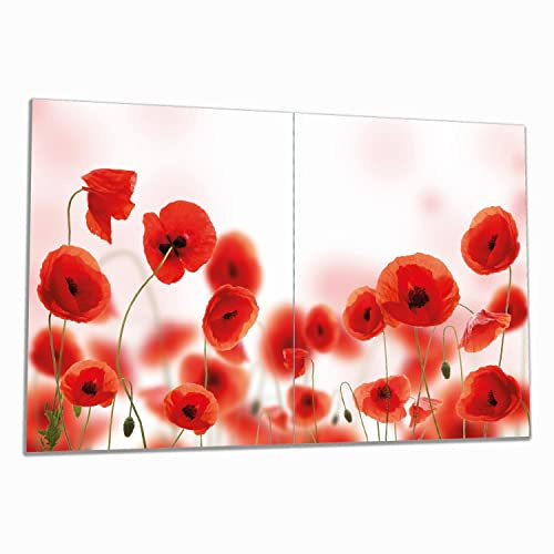 Wallario Herdabdeckplatte/Spritzschutz aus Glas, 2-teilig, 80x52cm mit 13 mm hohen Füßen, für Ceran- und Induktionsherde, Leuchtende Mohnblumen - Rote Mohnblumenblüten