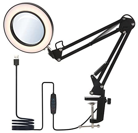 Ailgely Lampe de Table à Pince, Lampe de Bureau LED avec Loupe BX et Pince, Éclairage de Bureau USB avec Bras Articulé Réglable et Variateur d'Intensité, Flexible pour Lecture, Études et Établi