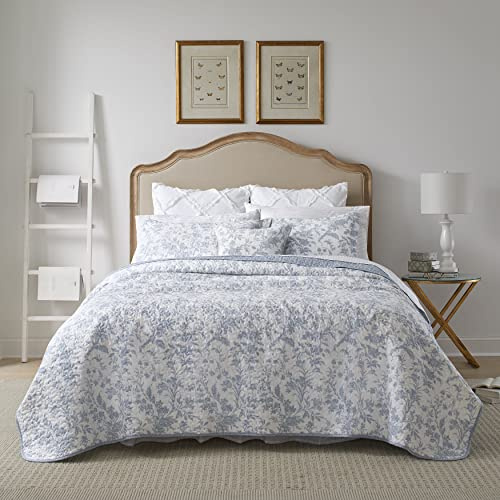 Laura Ashley- Queen Quilt Set, Cotton Reversible Bedding Set with Bonus Pillow Cover, All Season Cottage Home Décor (Amberley Soft Blue, Queen)