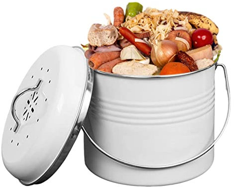 Lecerrot compost para encimera cocina, compost con tapa para cocina, compost metal galvanizado tamaño familiar, para desechos cocina y residuos alimentos