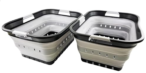 SAMMART 42L (11 gallon) Collapsible Plastic Laundry Basket - Foldable Pop Up Storage Container/Organizer - Portable Basket - Space Saving Hamper (Black/Alloy Grey (Set of 2))