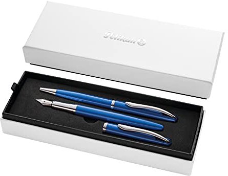 Pelikan Jazz Noble Elegance K/P36 mit Füller und Kugelschreiber, Saphire (Blau), eleganter Patronen-Füller und Kuli aus Metall