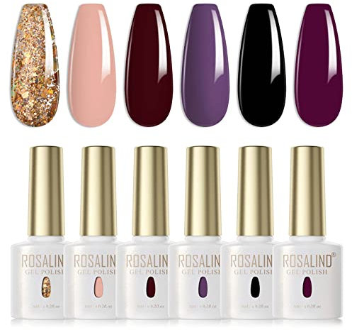 ROSALIND Semi-Permanenter Nagellack, Nude, Dunkelrot, Dunkelviolett, Schwarz, 6 Farben, Nagellack, Gel, semi-permanent, UV, LED, Soak Off-Gel, Nail Polish, French Manicure