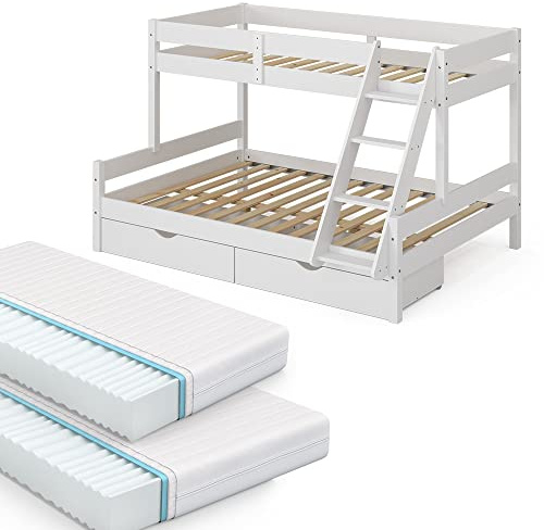 VitaliSpa Etagenbett Everest, Weiß, 140x200 / 90x200 cm | mit 2 Matratzen und 2 Schubkästen, mit integrierter Treppe und stabilem Lattenrostsystem