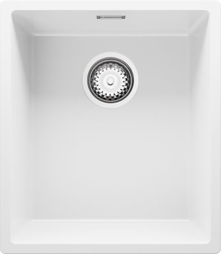 PRIMAGRAN Fregadero bajo Encimera al Mueble 45cm + Kit de desagüe, 41x47cm | Set: Kit de desagüe (sifón, válvula, rebosadero) + London 1 Seno para Cocina, Blanco