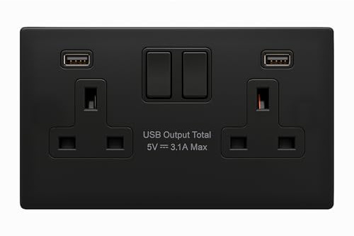 SHPELEC Matt Black Screwless Metal Plate Switches & Sockets Range 4mm Slim Profile – Plug Sockets, Light Switches, Fused Spurs, USB A&A/A&C Options (2 Gang Socket with USB Ports (A&A), 1 PACK)
