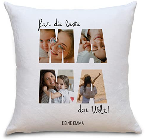 OWLBOOK® Beste Mama Foto Kissen mit 4 Fotos & Spruch selbst gestalten | Fotokissne mit eigenem Bild & Text | Mama Geschenke Geburtstag Muttertag | Fotogeschenke Muttertagsgeschenke | Polster 40x40cm