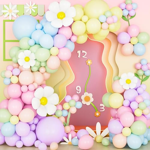 Pastel Rainbow Balloon Arch Kit,132pcs Daisy Balloon Garland, Macaron Pink Blue Green Yellow Orange Purple Set for Girls Birthday Wedding Baby Shower Party Background Decorations