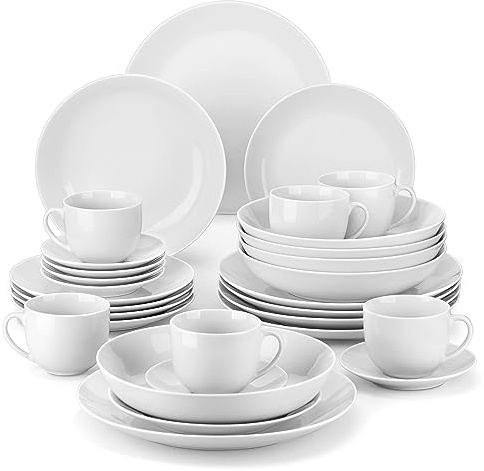 MALACASA Dinner Sets for 6 People, 30 Piece Gourmet Porcelain Plates and Bowls Set, White Dinnerware Sets with 6-Piece Dinner Plates/Soup Plates/Dessert Plates/Cup and Saucer Set, Serie Amelia