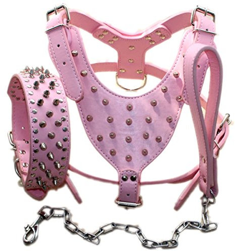 Serijoars Hundegeschirr und Halsband aus Leder, mit Nieten, geeignet für große Rassen, Pit Bull Terrier, Labrador, Dobermann, strapazierfähiges Ledergeschirr und Halsband-Leine, 3-teiliges Set