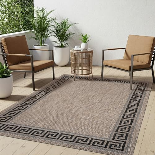 TAPISO Melissa In & Outdoorteppich Braun Schwarz Griechisch 200 x 290 cm | UV-Resistent strapazierfähiger Teppich mit Sisaloptik für Küche Flur Wohnzimmer Balkon Terrasse Modern OEKO-TEX