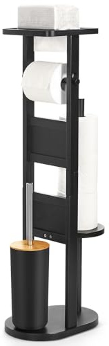 Yorbay Porte Papier Toilette sur Pied, Distributeur Papier Toilette en Bambou, avec Support Smartphone, Brosses WC et Supports (Noir)