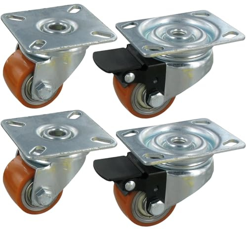 Rollentechnik Satz 4x Mini Schwerlast Rollen | 4x Rollentechnik Lenkrolle 2x mit Bremse Polyurethan Ø35X27 Höhe 52 mm Tragfähigkeit 300 kg/Satz