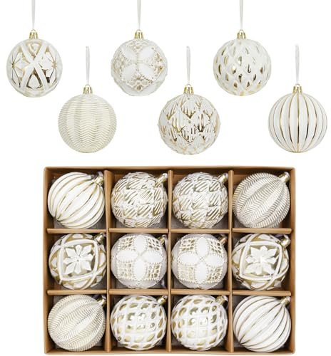 XmasExp Rustikale Weihnachtskugel-Ornament-Sets im Landhausstil, bruchsicher, antiker traditioneller Stil, Weihnachtsdekoration zum Aufhängen (Weißgold, 12 Stück)