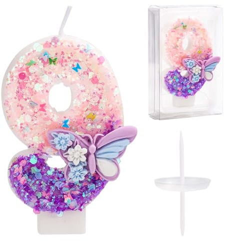 Zahlen Kerzen Torte, 7,2cm Schmetterlings Geburtstagskerzen für Kuchen Glitzer Zahlenkerze mit Pailletten Kuchenkerzen für Mädchen und Frauen Jubiläumsfeier Partyzubehör (Zahl 9)