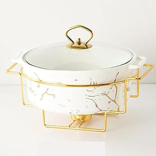Food Warmer For Parties Buffets, Food Warming Tray Round Chafing Dish Buffet Set, Ceramic Marble Finish Chafer With Glass Lid, Chafer And Buffet Warmer Set For Buffet Weddings Part(Size:B,Color:White)