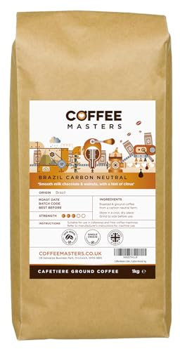 Coffee Masters Brazil Carbon Conscious Cafetiere Ground Coffee 1kg - Single Origin, 100% Arabica Beans - Medium Roasted Brazilian for Cafetiere