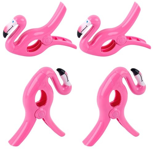 ANNASAMDO 4 Stück Strandtuchklammern Flamingo Rosa Kunststoff 9,2cm | Starke Feder rostfrei. UV-beständig salzwasserfest. Für Liegen Handtücher Tischdecken. Leicht Camping Geschenk.