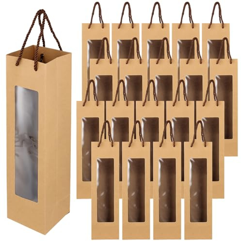 KEILEOHO 20 Stück Weinflaschenbeutel aus Kraftpapier, Wein Geschenktüten mit Griff und Sichtfenster, Geschenktaschen für Flaschen, Wein Flaschentüten für Hochzeit, Geburtstag, Party, 35 x 9,5 x 9 cm,