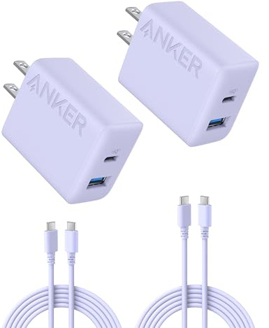 Anker iPhone 17/16 Charger, 2-Pack 20W Fast USB C Charger Block, for iPhone 17/16/16 Pro Max/15 Series/iPad Pro and More (Purple, 2 Pack & 2 Cable)