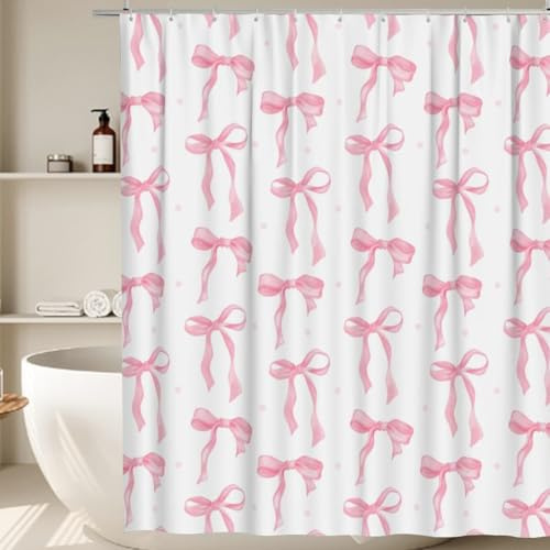 Onperpoe Duschvorhang mit niedlicher rosa Schleife, 180 x 180 cm, wasserdicht und schimmelfest, 12 Haken, adretter Prinzessinnen-Stil