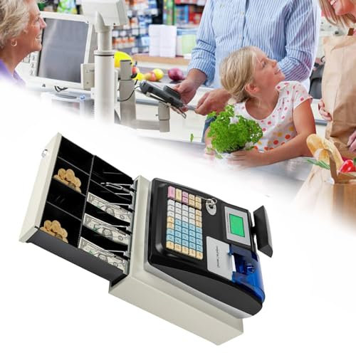 IUBGFTO Registrierkasse, elektronische Registrierkasse mit Schubladen-Kasse, Thermo-Abteilungskasse mit 8 digitalen LED-Anzeigen, elektronisch mit 48 Tasten für Einzelhandel, Unternehmen (schwarz)